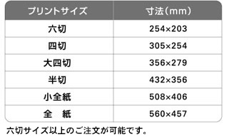 六切サイズ以上からのご注文となります。 プリントサイズ 六切 254x203mm 四切 305x254mm 大四切 356x279mm 半切 432x356mm 小全紙 508x406mm 全紙 560x457mm